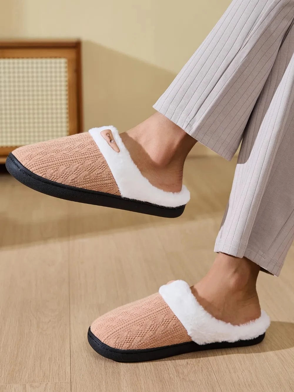 Horn Buckle Furry Texture Flat Slippers Tan - Fashorio