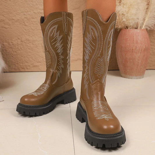 Round Toe Block Heels Boots Tan - Fashorio