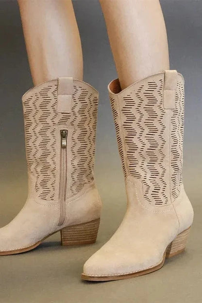 Beast Fashion Faux Suede Laser Cut Detail Block Heel Boots Tan - Fashorio