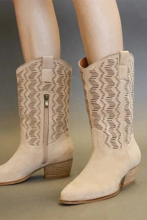 Beast Fashion Faux Suede Laser Cut Detail Block Heel Boots Tan - Fashorio