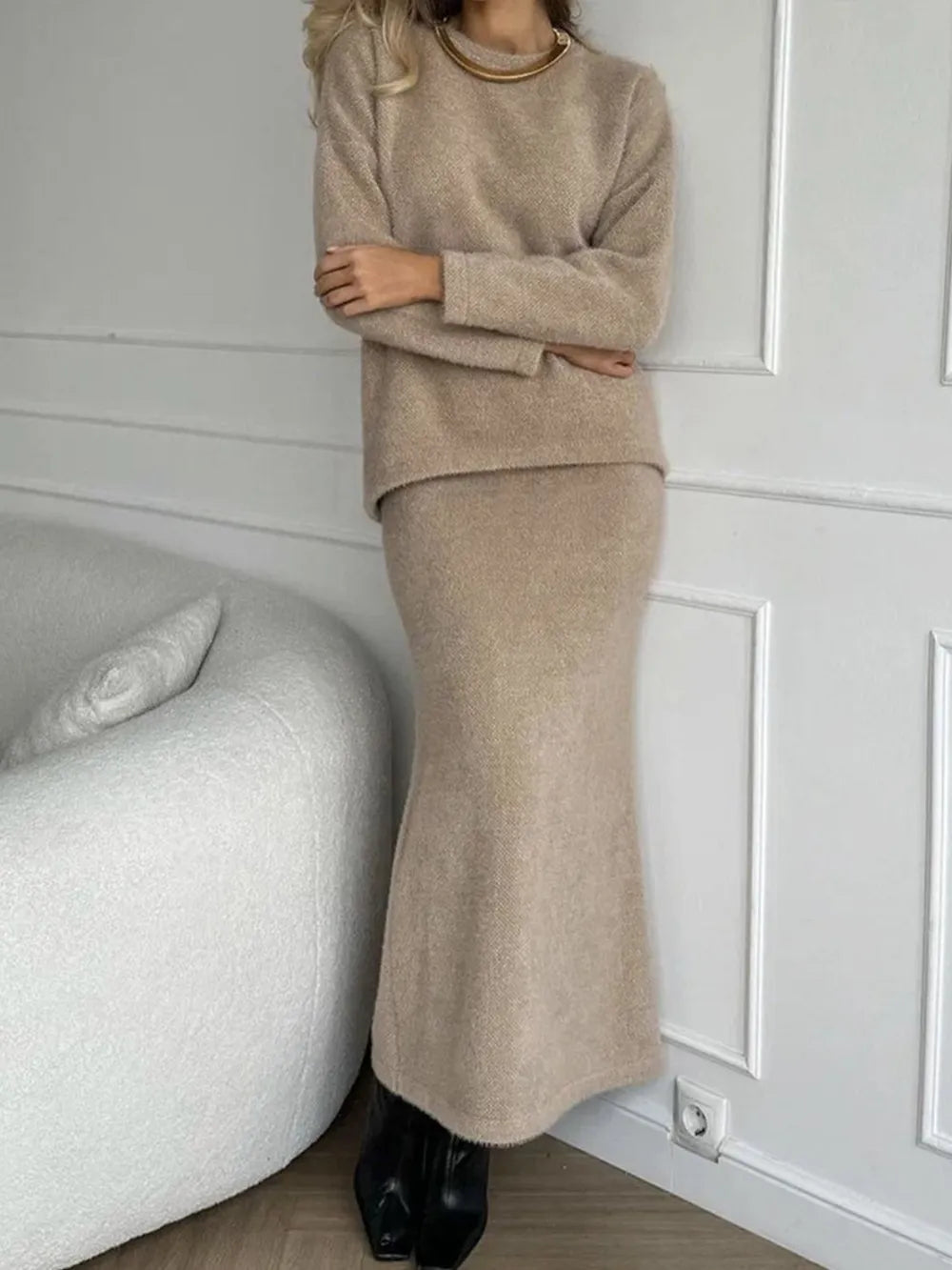Fashorio Tan / One Size Round Neck Dropped Shoulder Top and Midi Skirt Sweater Set