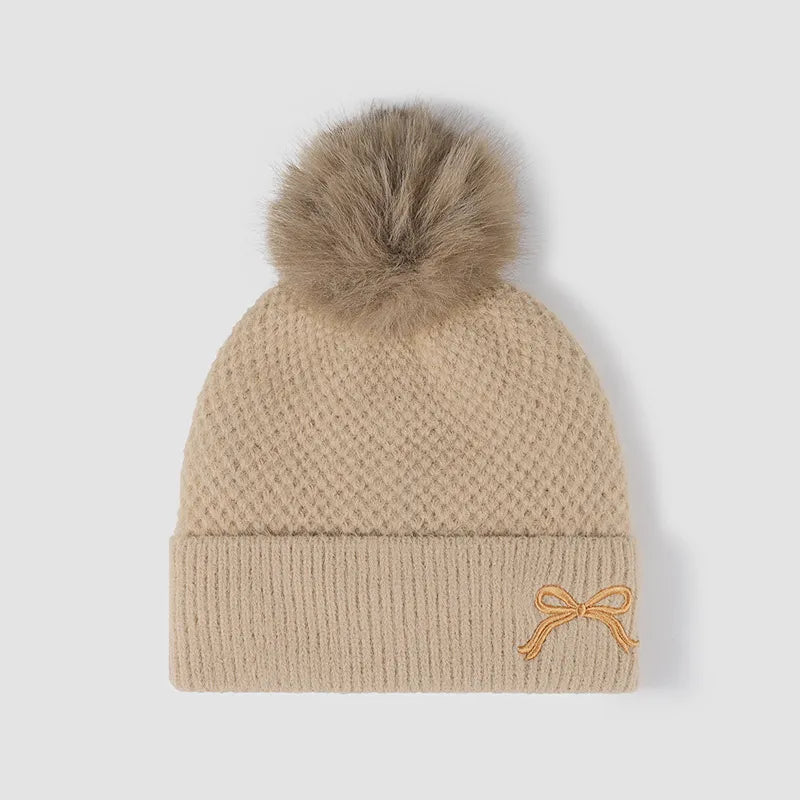 Fashorio Tan / One Size Thermal Bow Knit Hat with Pompom