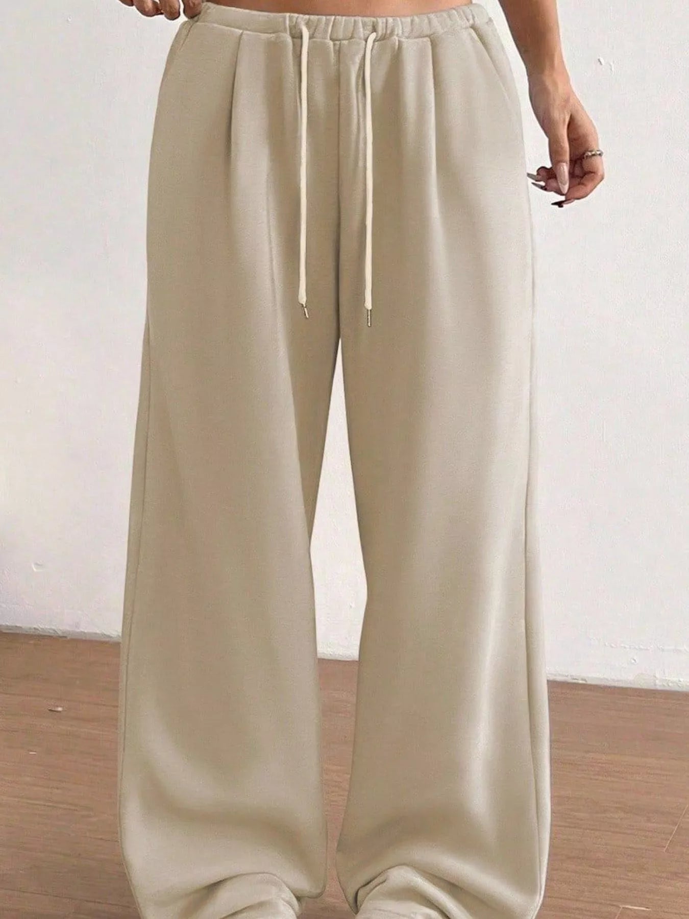 Fashorio Tan / S Casual Drawstring High Waist Wide Leg Sweatpants
