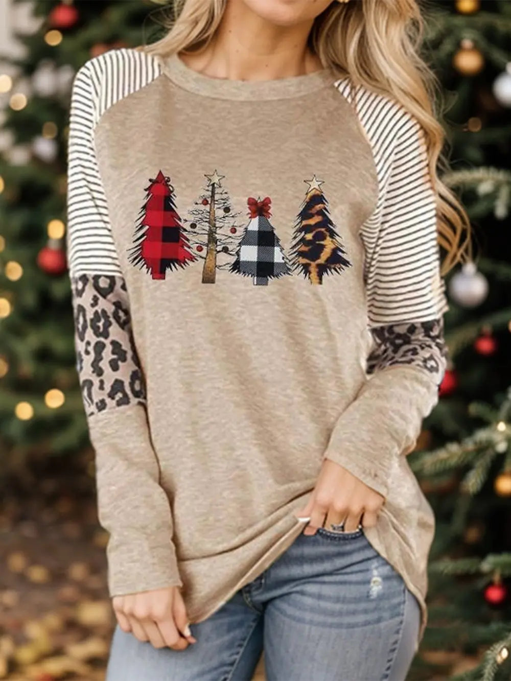 Fashorio Tan / S Christmas Tree Graphic Striped Long Sleeve Sweatshirt