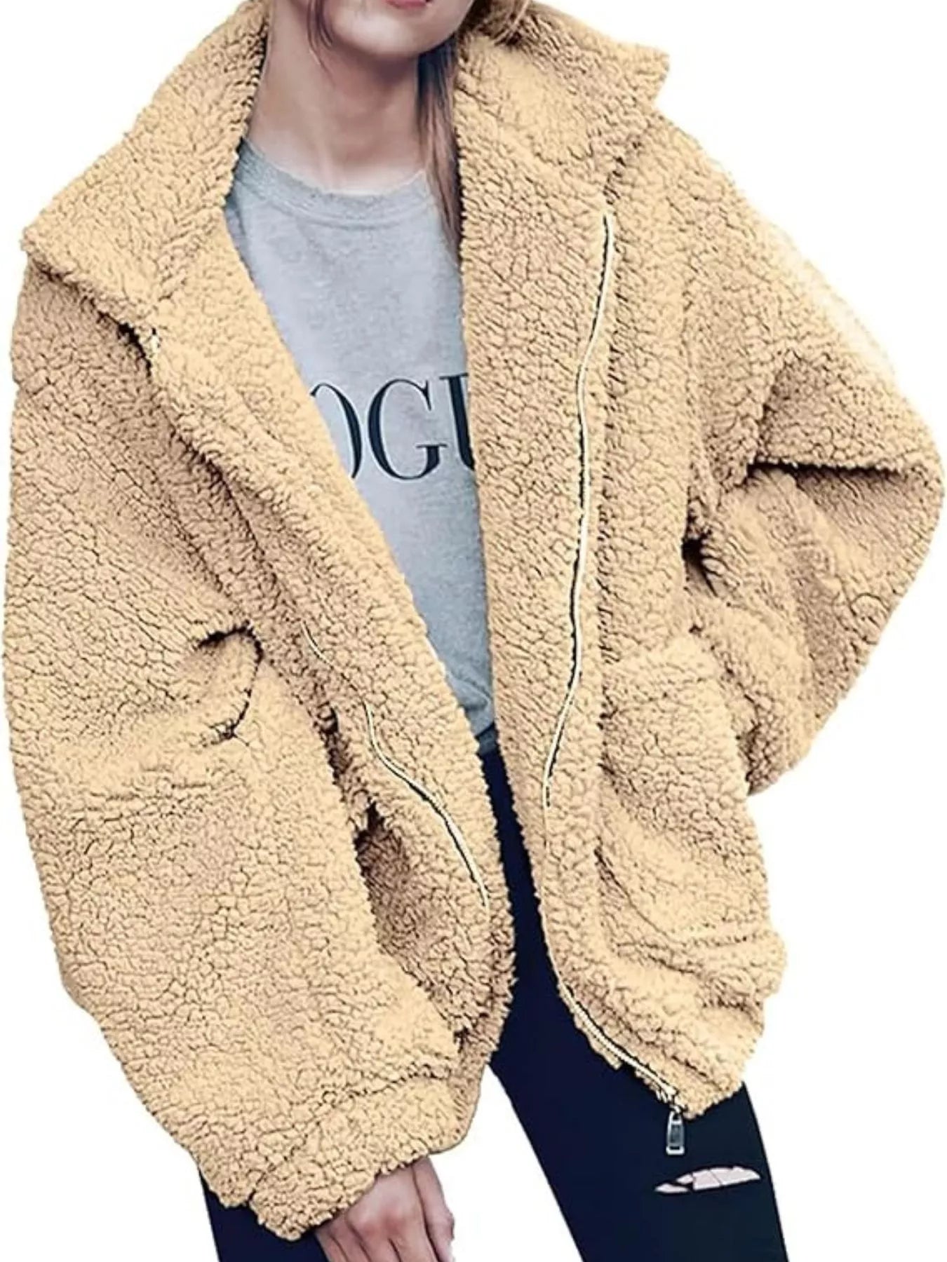 Fashorio Tan / S Full Size Cozy Fleece Zip Up Jacket Plus Size