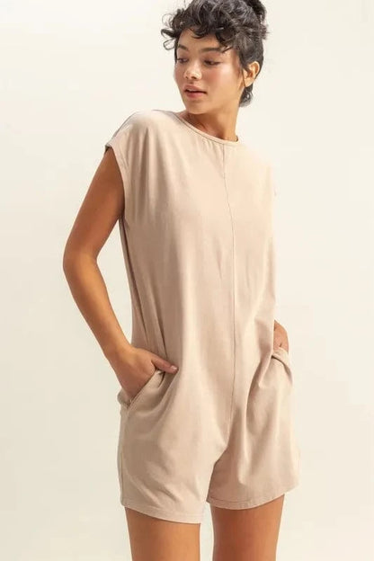 HYFVE Round Neck Cap Sleeve Relaxed Fit Breezy Romper Tan - Fashorio