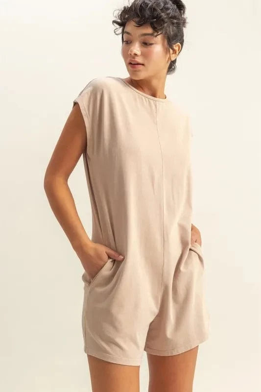 HYFVE Round Neck Cap Sleeve Relaxed Fit Breezy Romper Tan - Fashorio