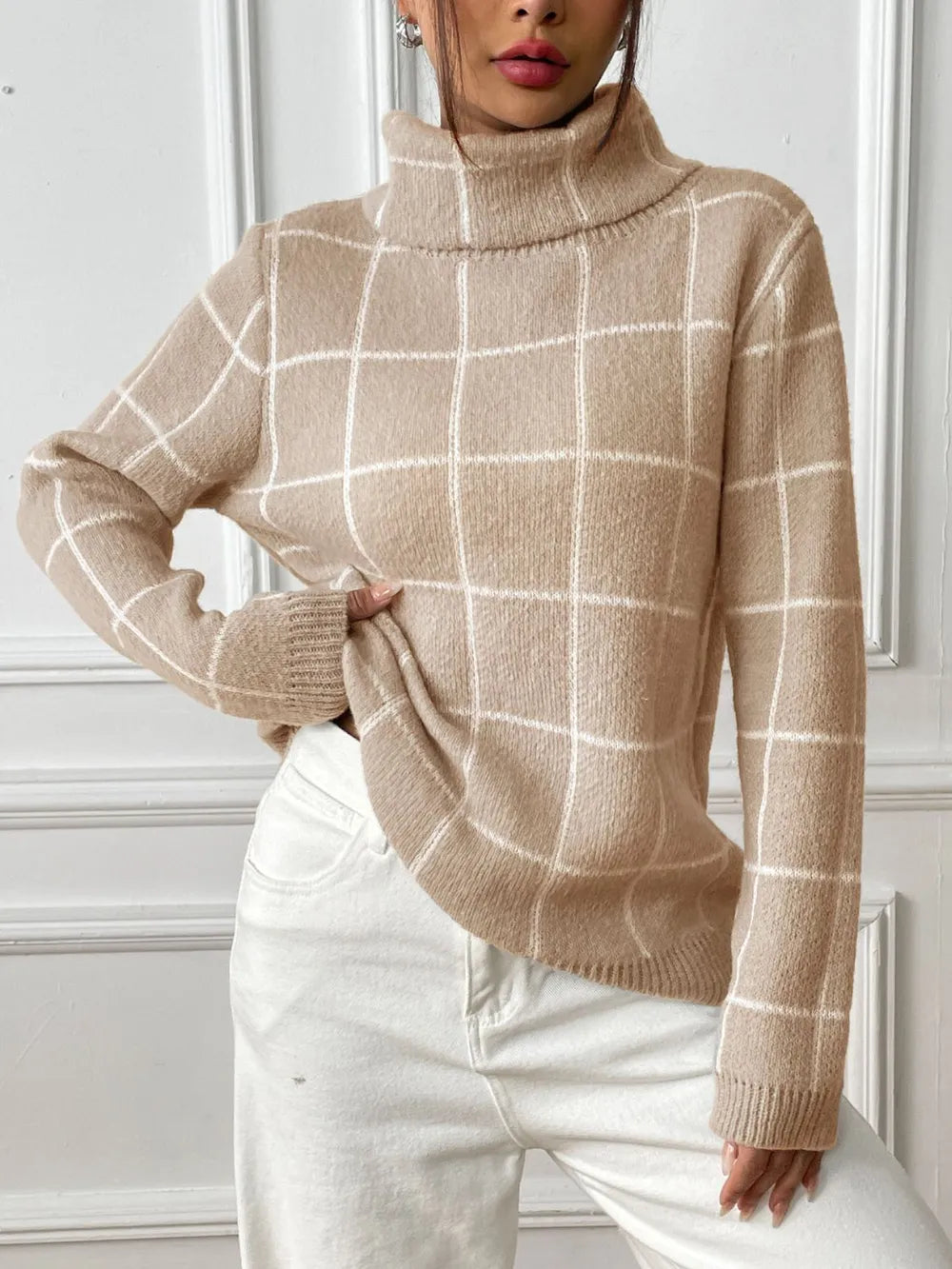 Fashorio Tan / S Plaid Turtleneck Long Sleeve Sweater