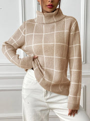 Fashorio Tan / S Plaid Turtleneck Long Sleeve Sweater
