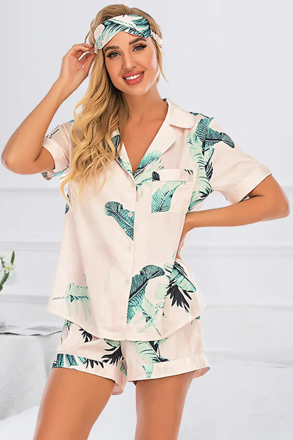 Fashorio Tan / S Printed Button Up Short Sleeve Top and Shorts Lounge Set
