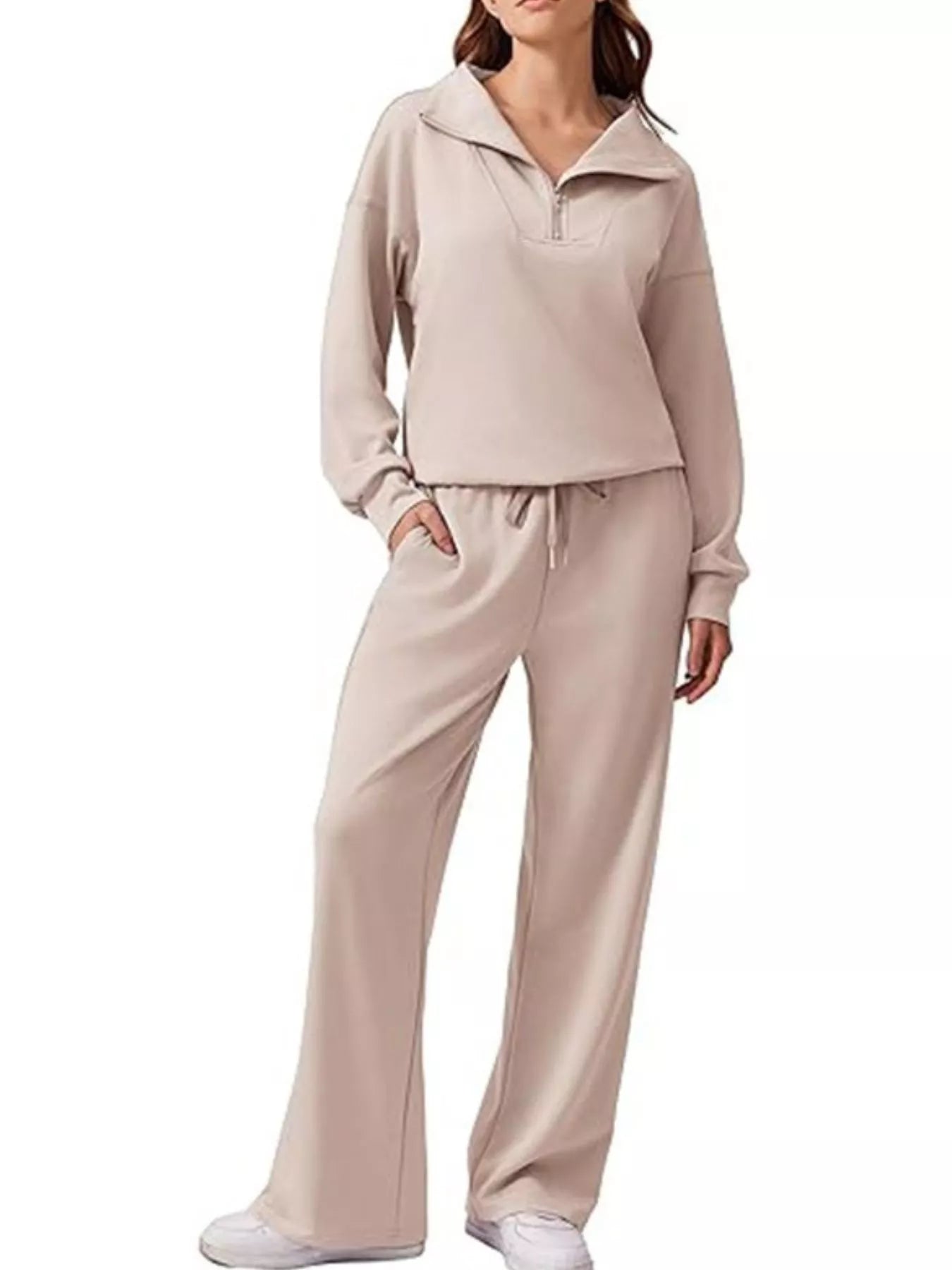 Fashorio Tan / S Zip Collar Dropped Shoulder Top and Pants Set