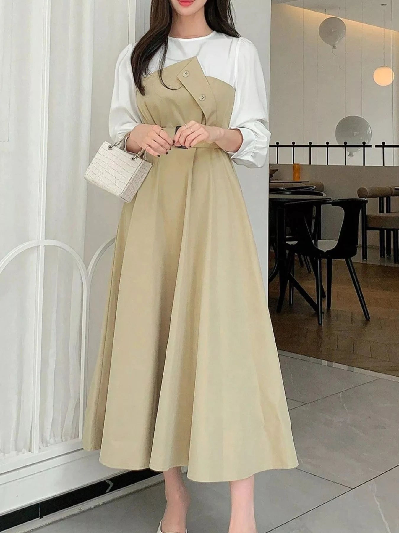 Fashorio Tan / XS Contrast Long Sleeve Midi Dress with Belted