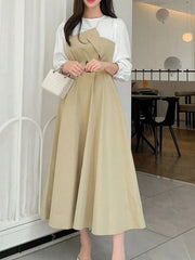 Fashorio Tan / XS Contrast Long Sleeve Midi Dress with Belted