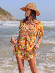 Fashorio Tangerine / S Smocked Printed Tie Neck Romper