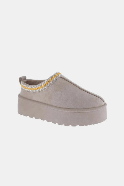 Weeboo Platform Embroidered Trim Slip-On Boots Taupe - Fashorio