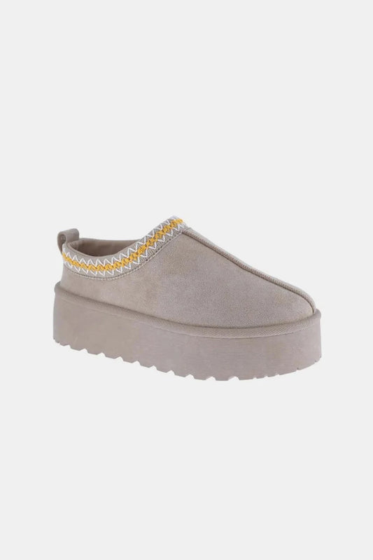 Weeboo Platform Embroidered Trim Slip-On Boots Taupe - Fashorio