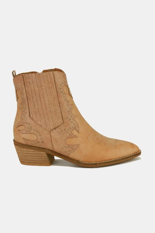 Beast Fashion Studded Detail Point Toe Boots Taupe - Fashorio