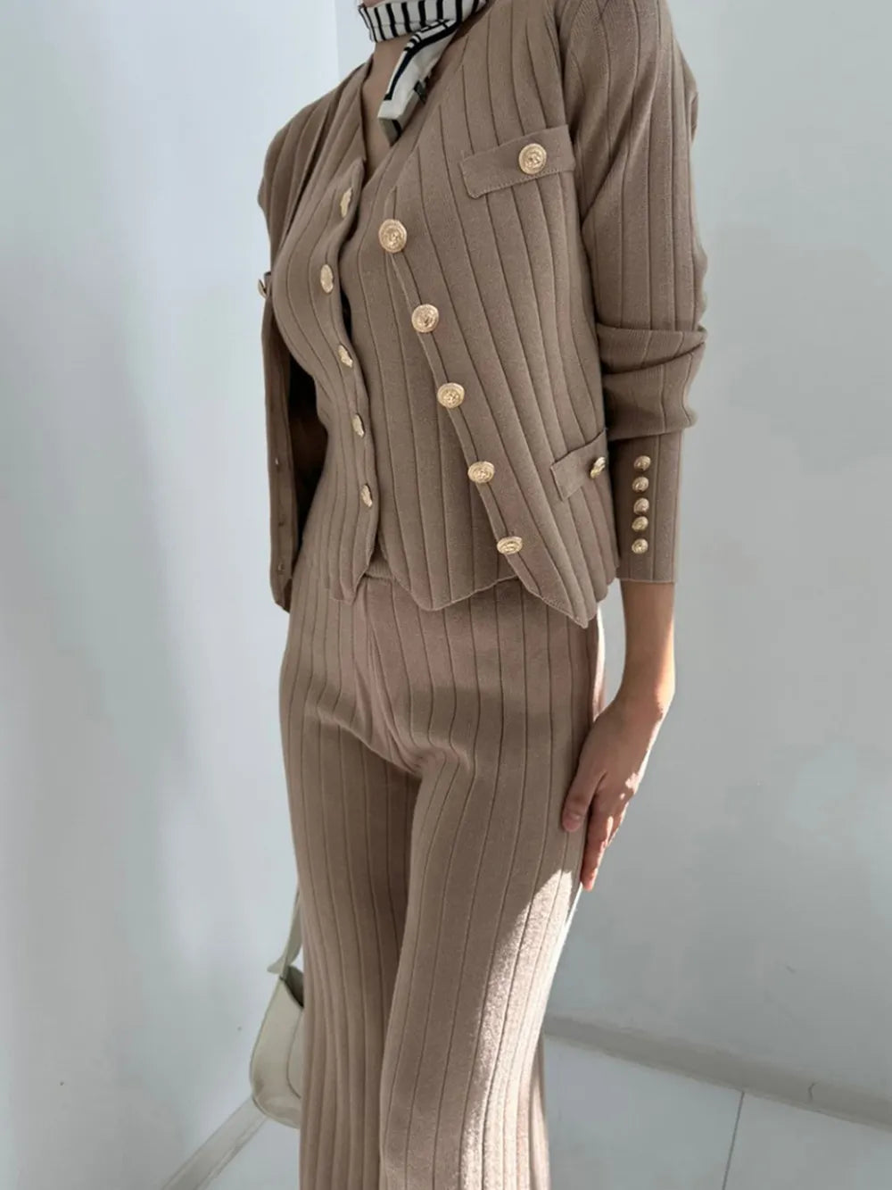 Fashorio Taupe / One Size V-Neck Tank, Cardigan and Pants Three-Piece Sweater Set