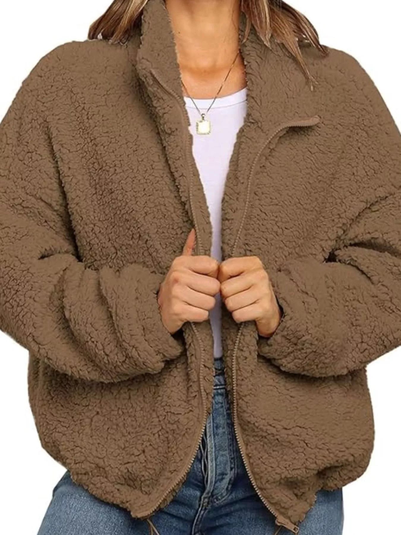Fashorio Taupe / S Full Size Cozy Fleece Zip Up Jacket Plus Size