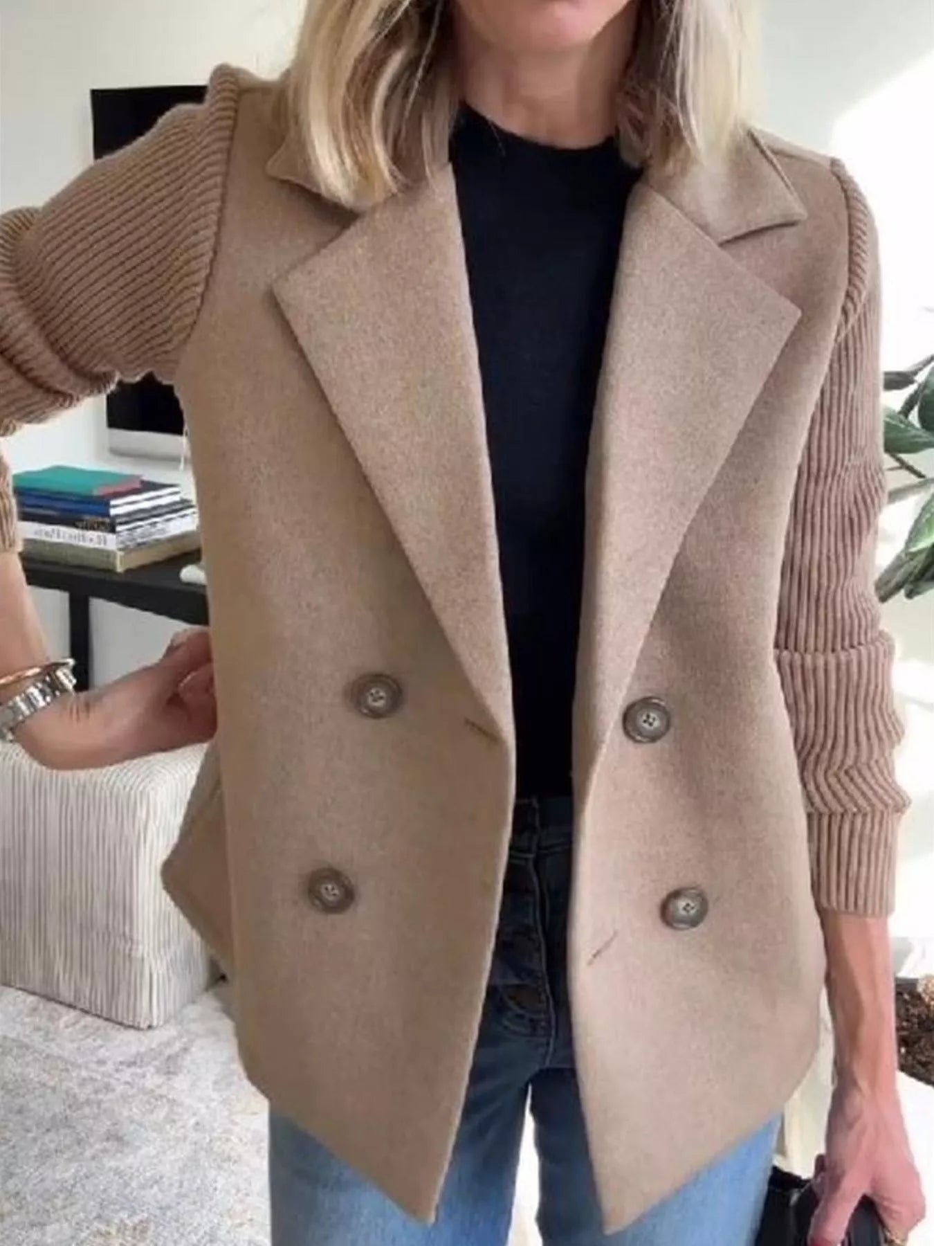 Fashorio Taupe / S Full Size Knit Sleeve Double-Breasted Outerwear Plus Size