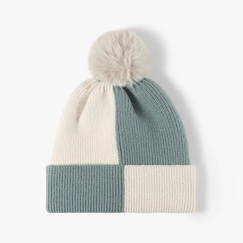 Fashorio Teal / One Size Color Block Knit Hat with Pom-pom