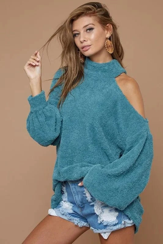 BiBi Belle Sweater Knit Open One Shoulder Turtle Neck TEAL - Fashorio