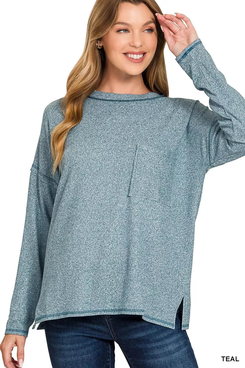 Fashorio TEAL / S Zenana Soft Melange Hacci Round-Neck Long Sleeve T-Shirt