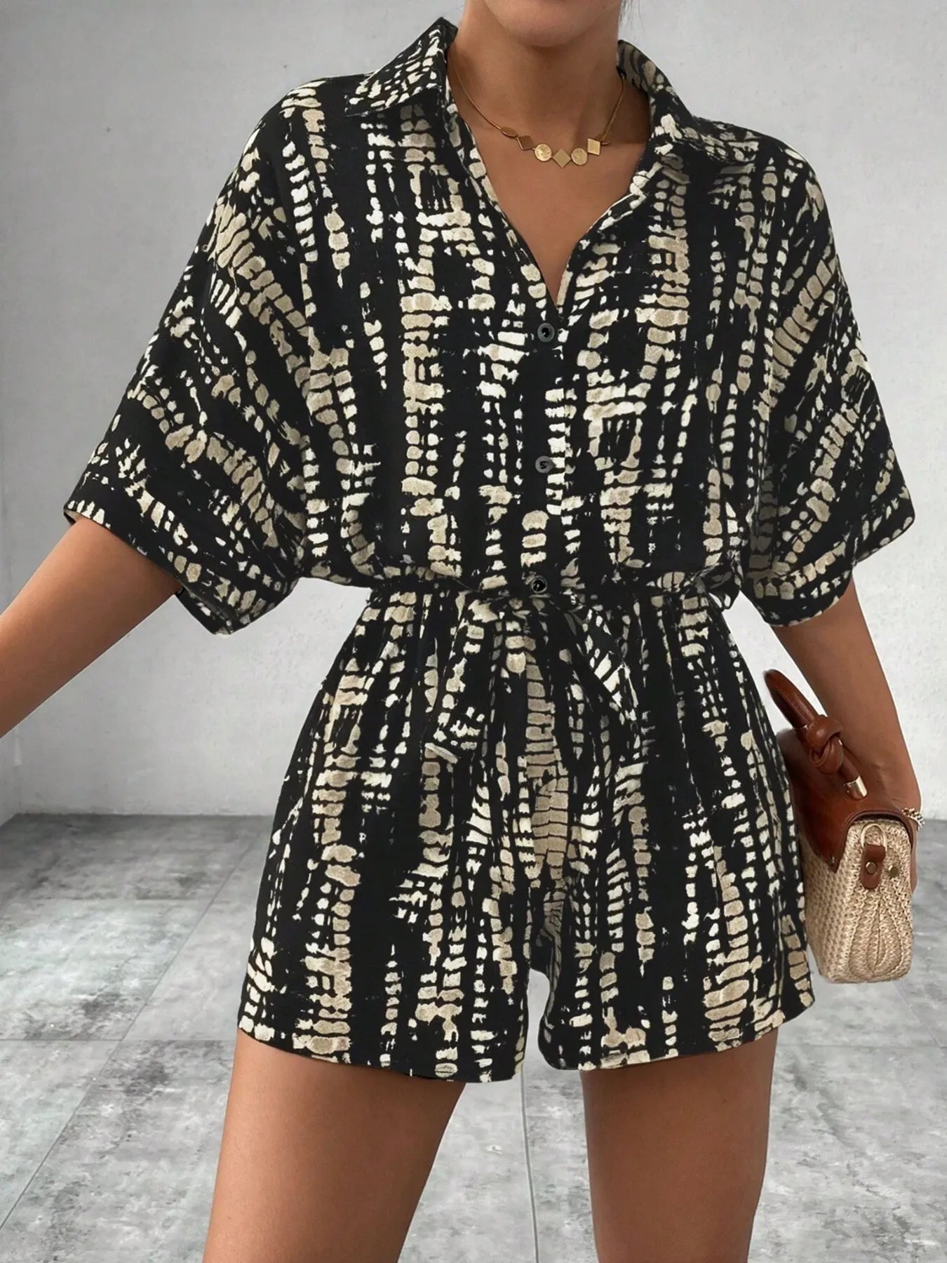 Fashorio Tie Dye Print Collar Neck Short Sleeve Romper