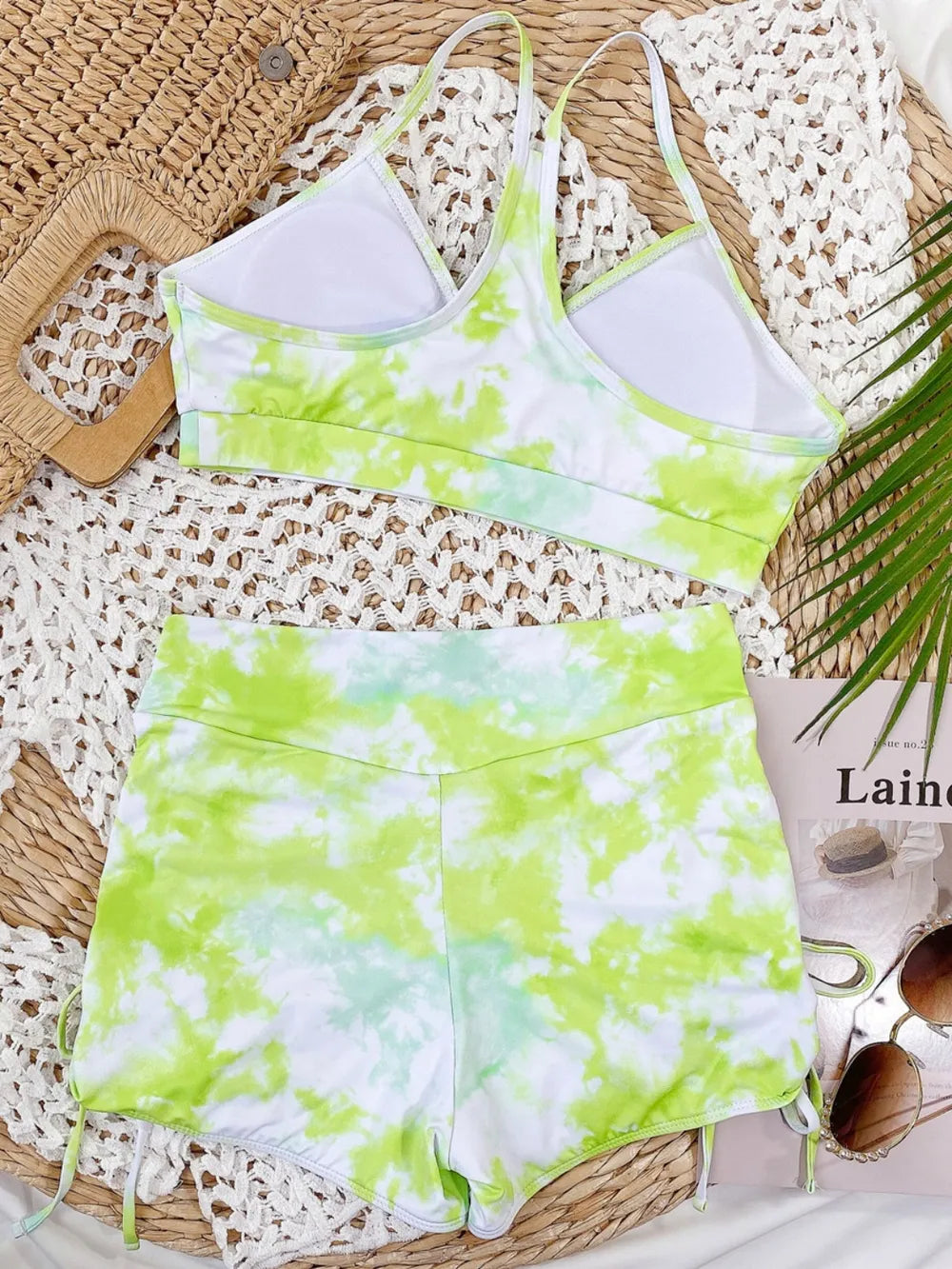 Fashorio Tie-Dye Spaghetti Strap Top and Drawstring Shorts Swim Set