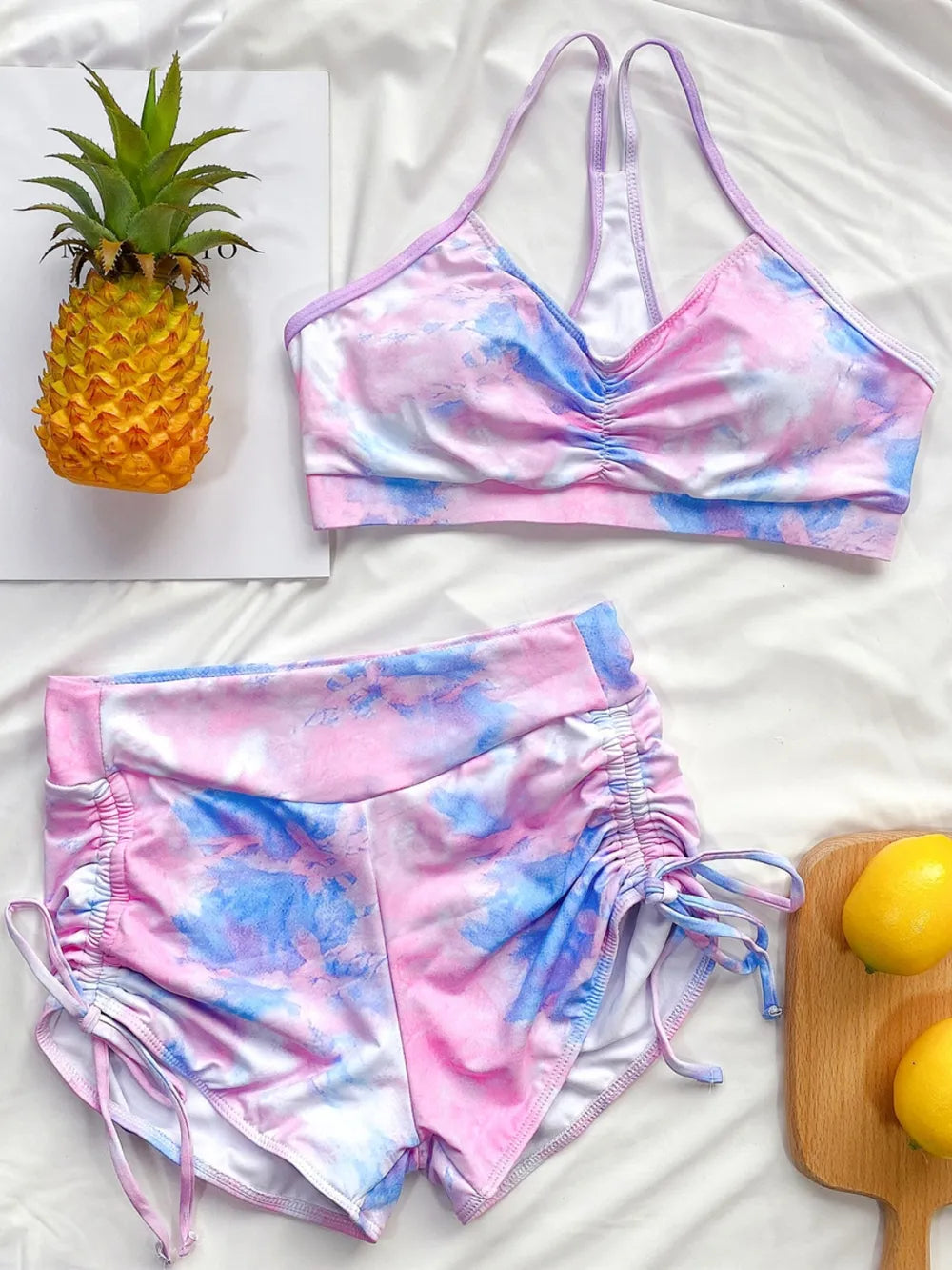 Fashorio Tie-Dye Spaghetti Strap Top and Drawstring Shorts Swim Set