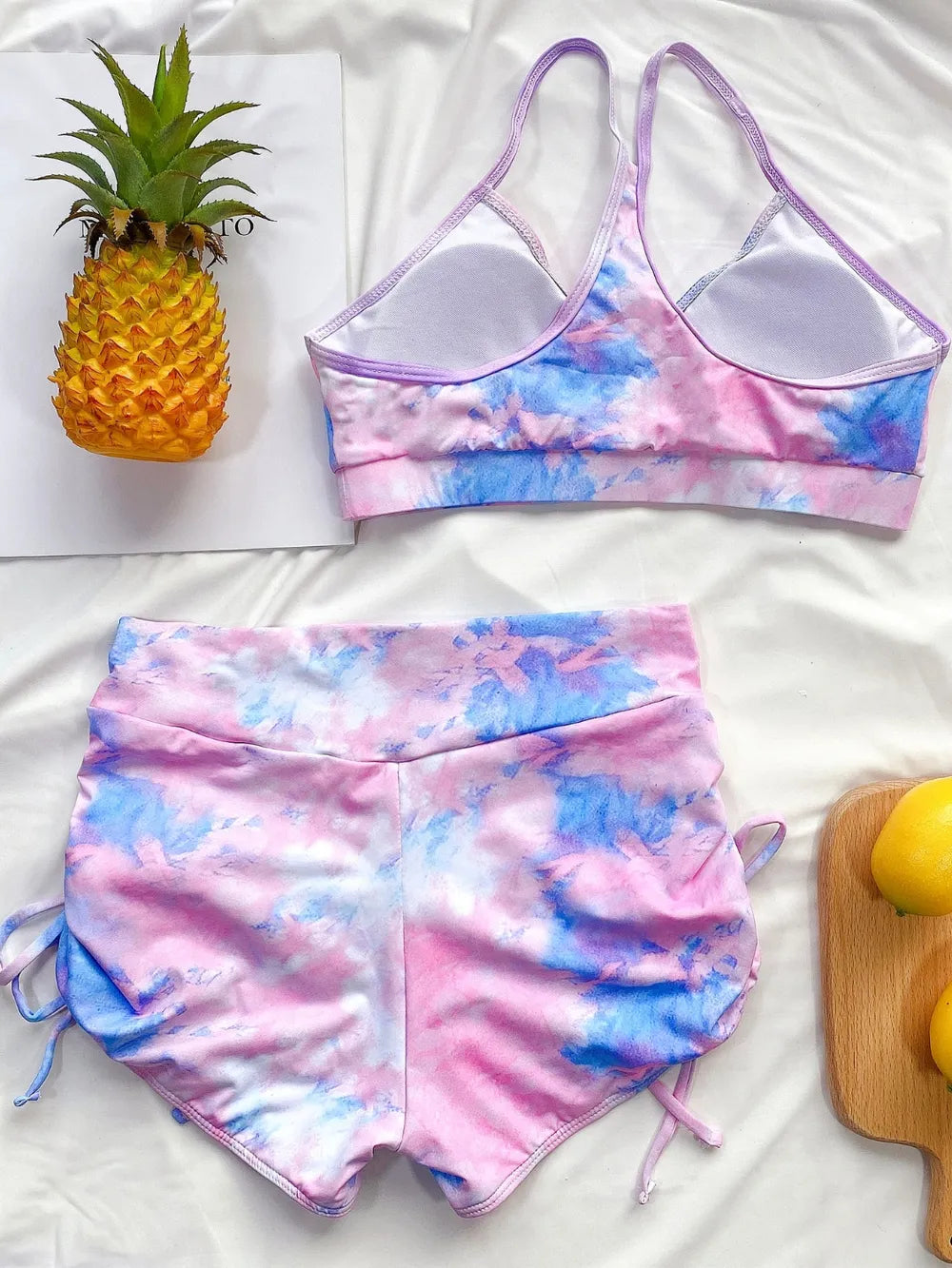 Fashorio Tie-Dye Spaghetti Strap Top and Drawstring Shorts Swim Set