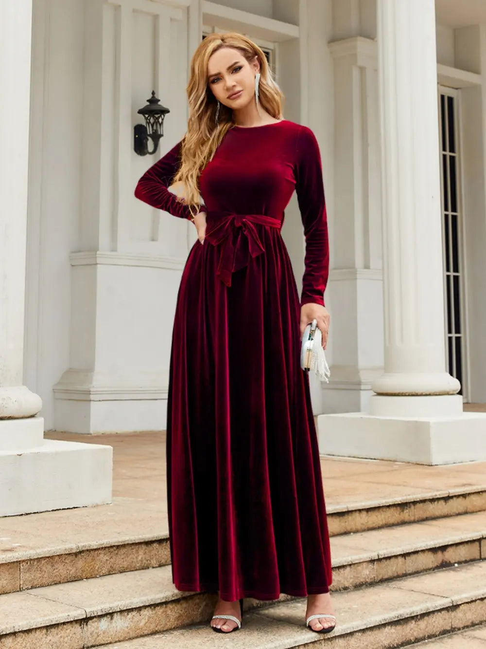 Fashorio Tie Front Round Neck Long Sleeve Maxi Dress