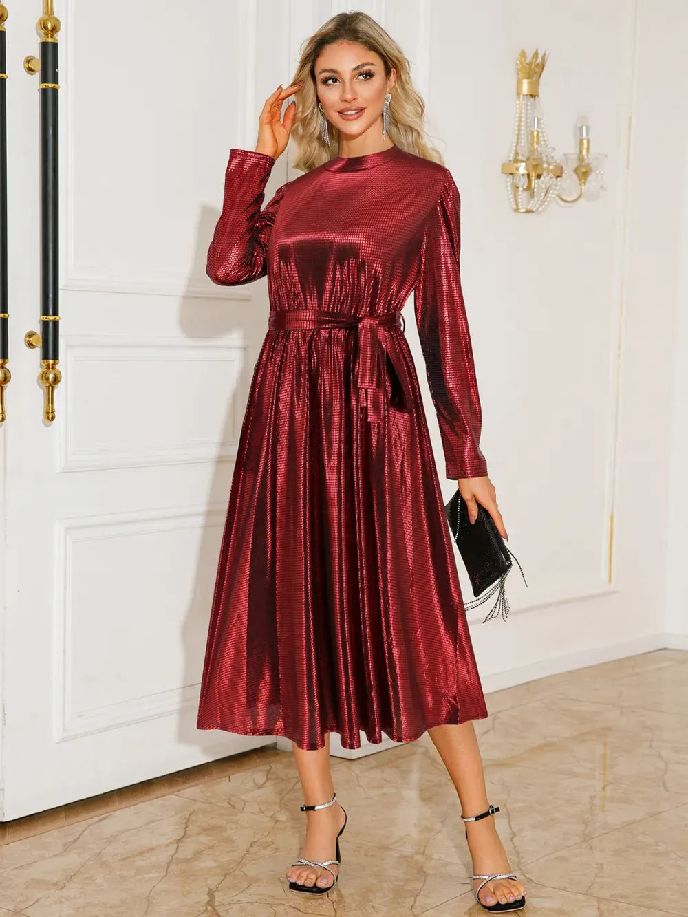 Fashorio Tie Waist Long Sleeve Midi Dress