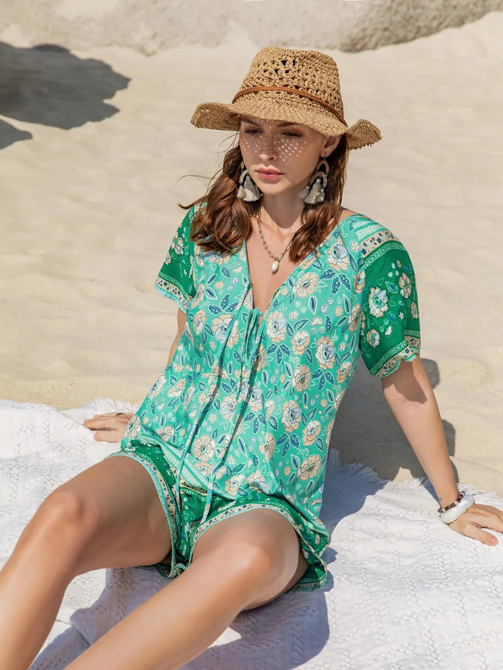 Fashorio Tied Printed Short Sleeve Romper