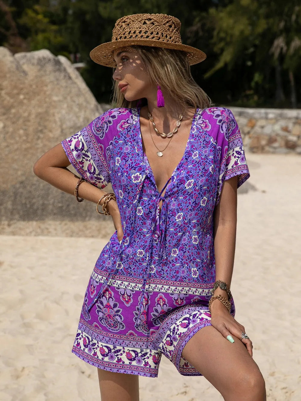 Fashorio Tied Printed Short Sleeve Romper