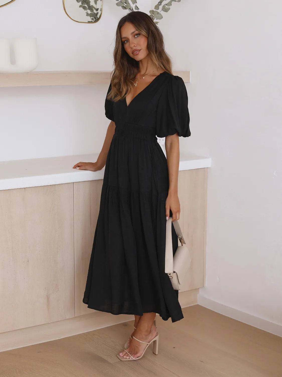Fashorio Tiered Surplice Half Sleeve Midi Dress