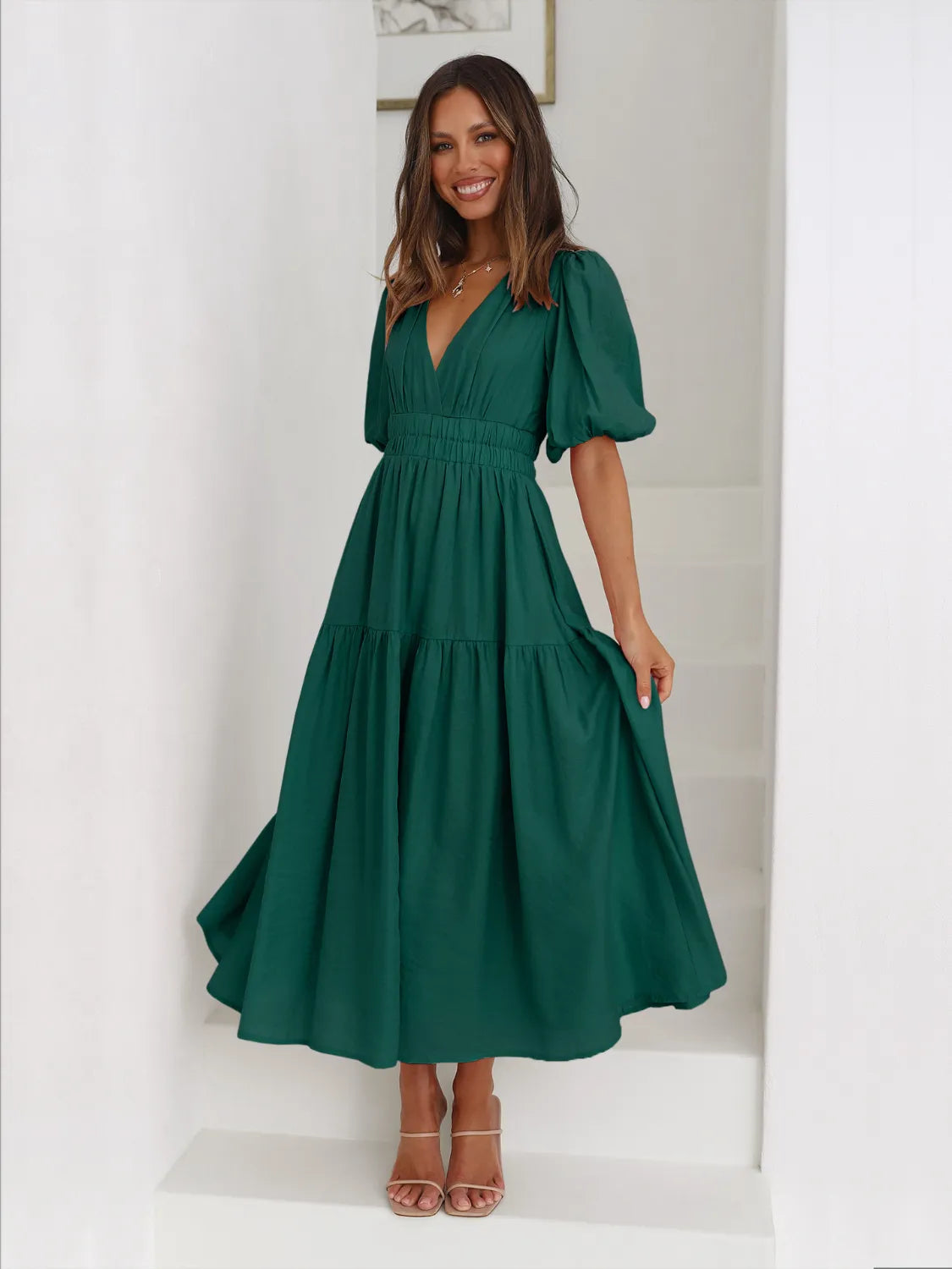 Fashorio Tiered Surplice Half Sleeve Midi Dress