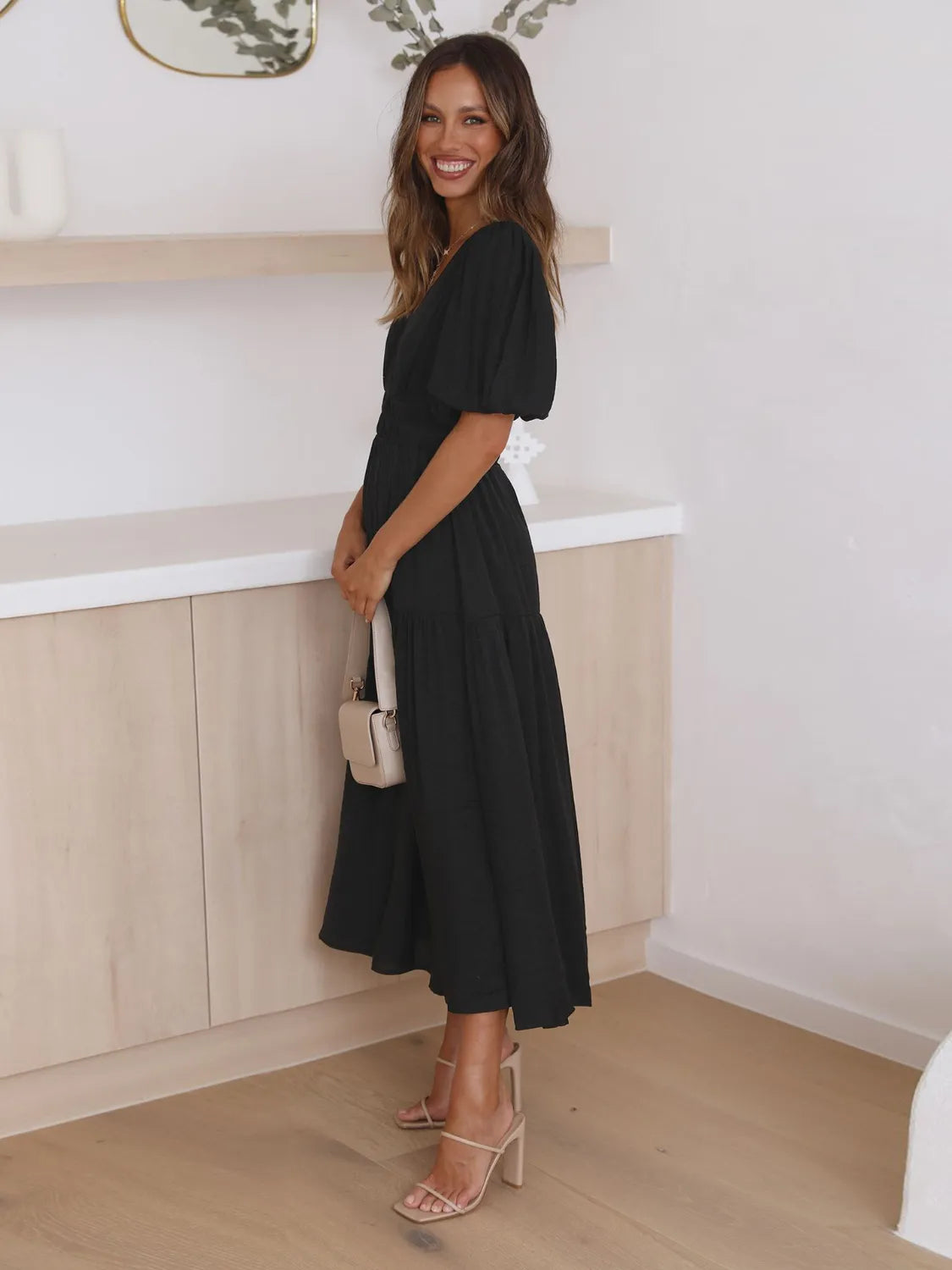 Fashorio Tiered Surplice Half Sleeve Midi Dress
