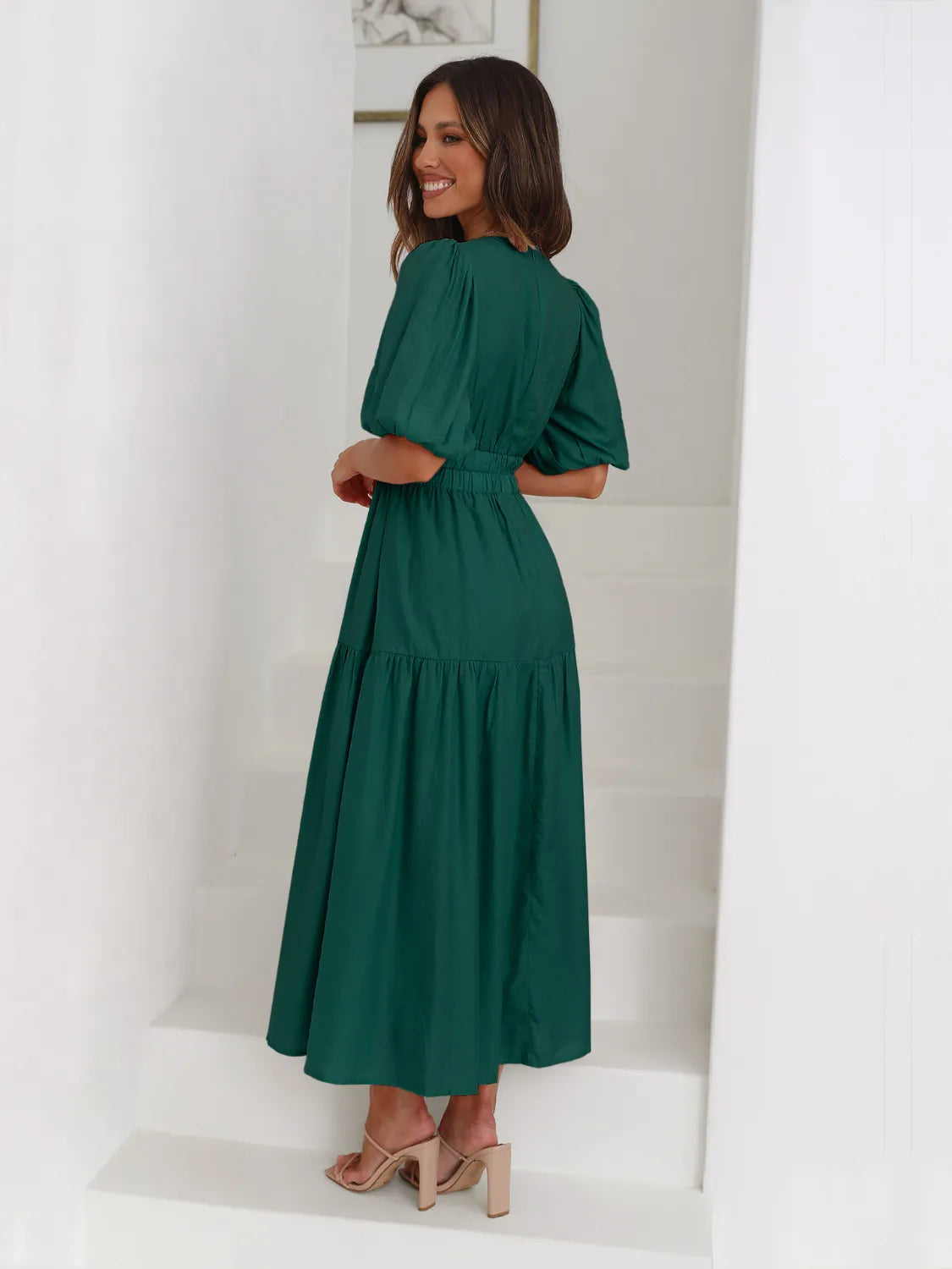 Fashorio Tiered Surplice Half Sleeve Midi Dress