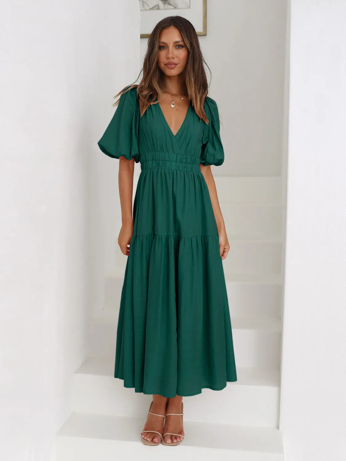 Fashorio Tiered Surplice Half Sleeve Midi Dress