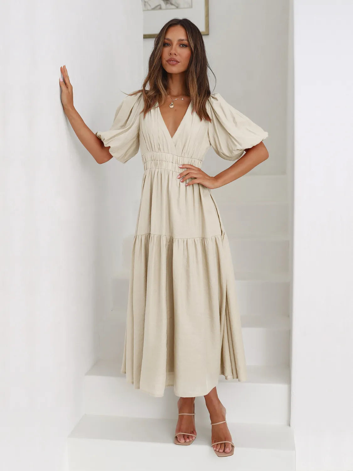 Fashorio Tiered Surplice Half Sleeve Midi Dress
