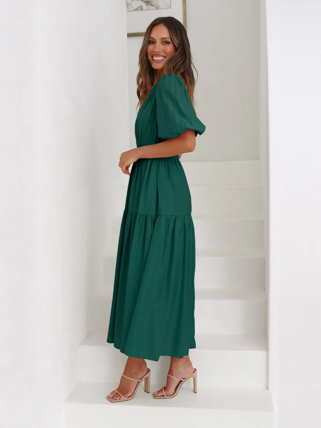 Fashorio Tiered Surplice Half Sleeve Midi Dress