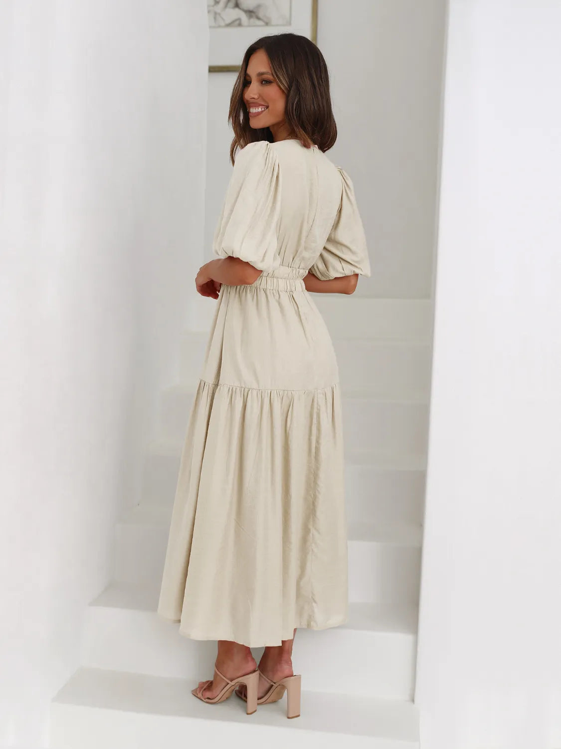 Fashorio Tiered Surplice Half Sleeve Midi Dress