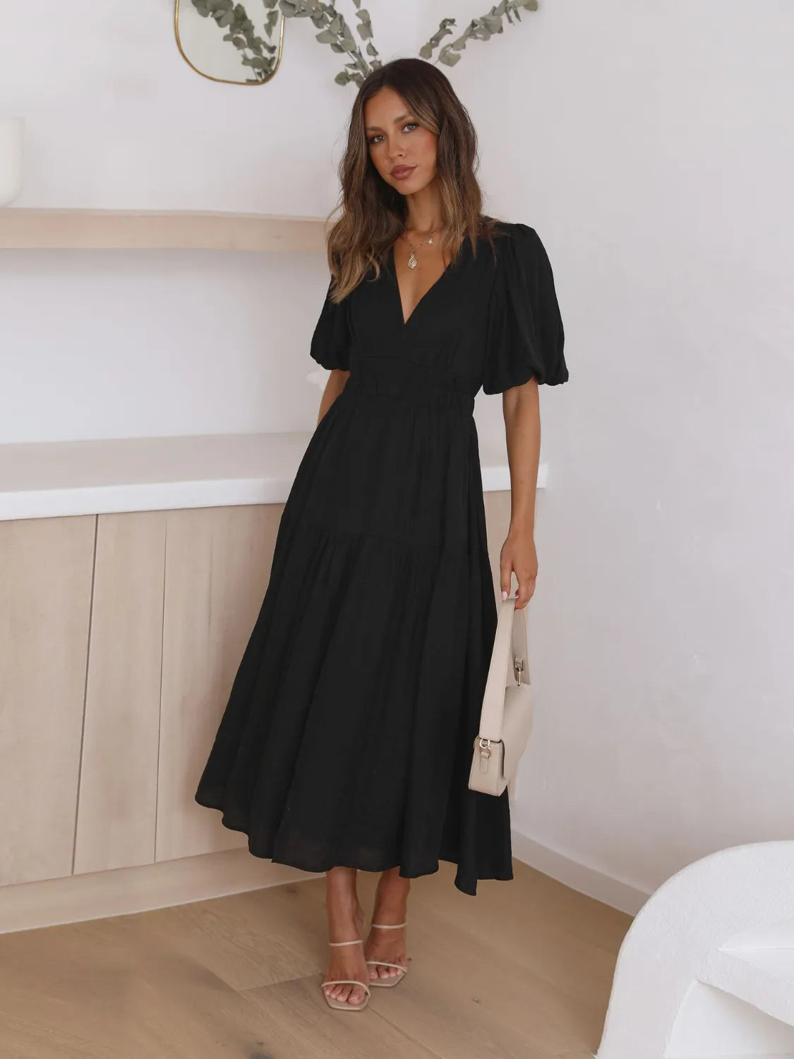 Fashorio Tiered Surplice Half Sleeve Midi Dress