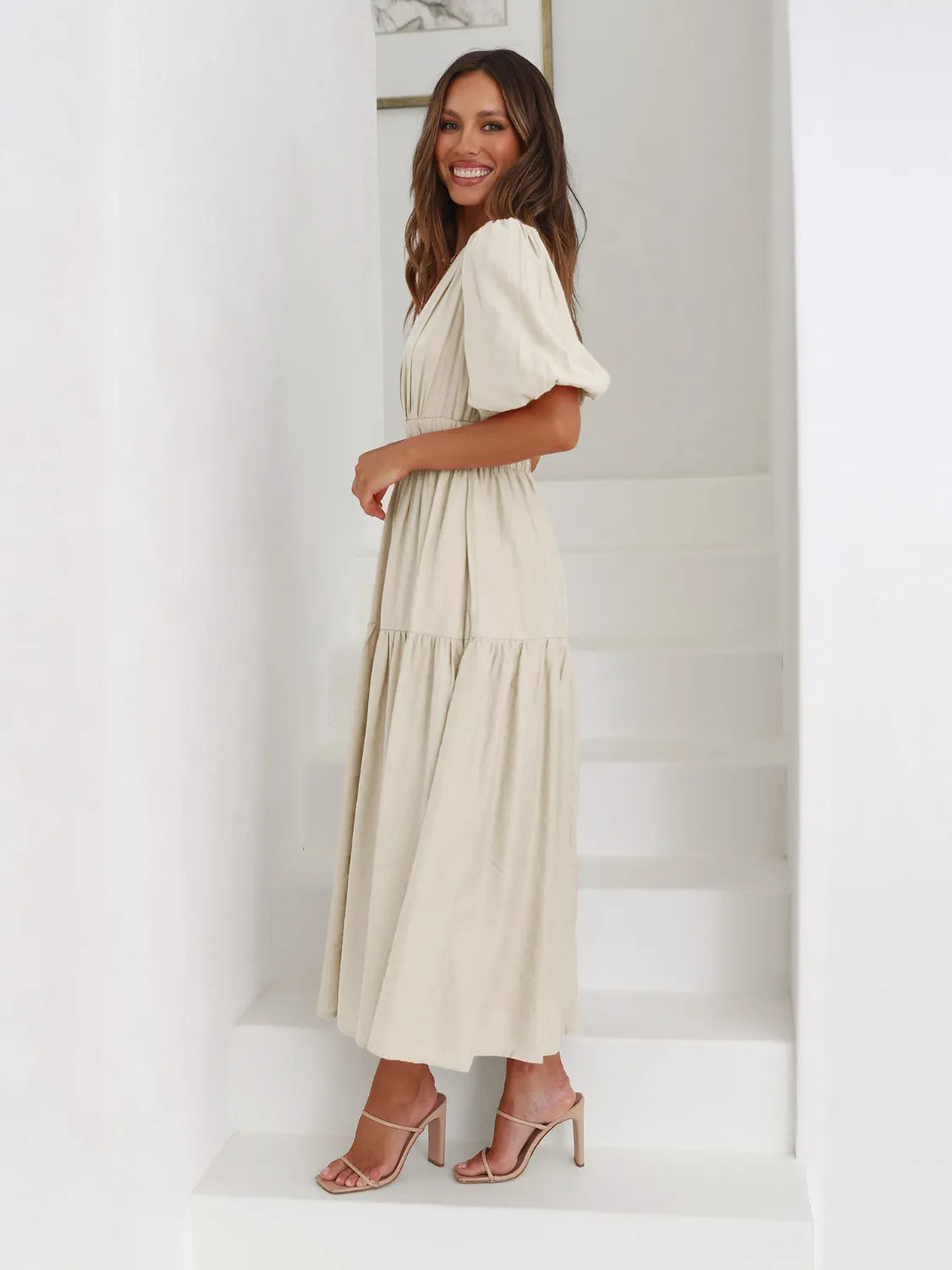 Fashorio Tiered Surplice Half Sleeve Midi Dress