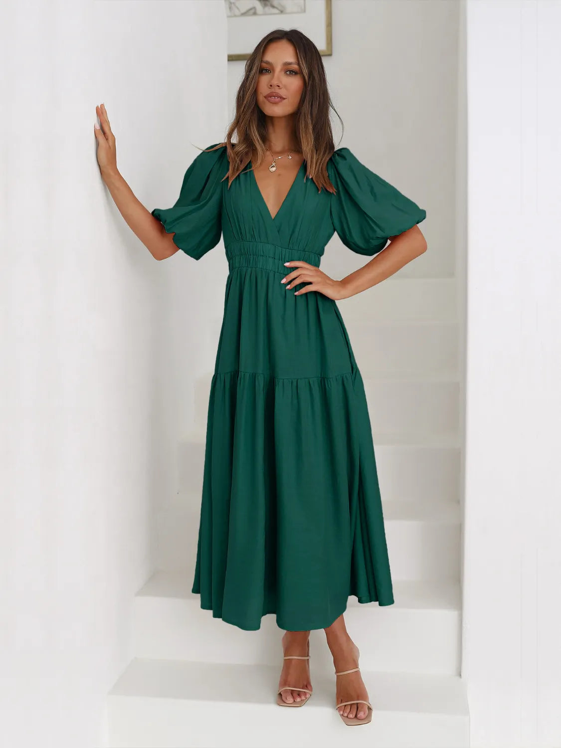 Fashorio Tiered Surplice Half Sleeve Midi Dress