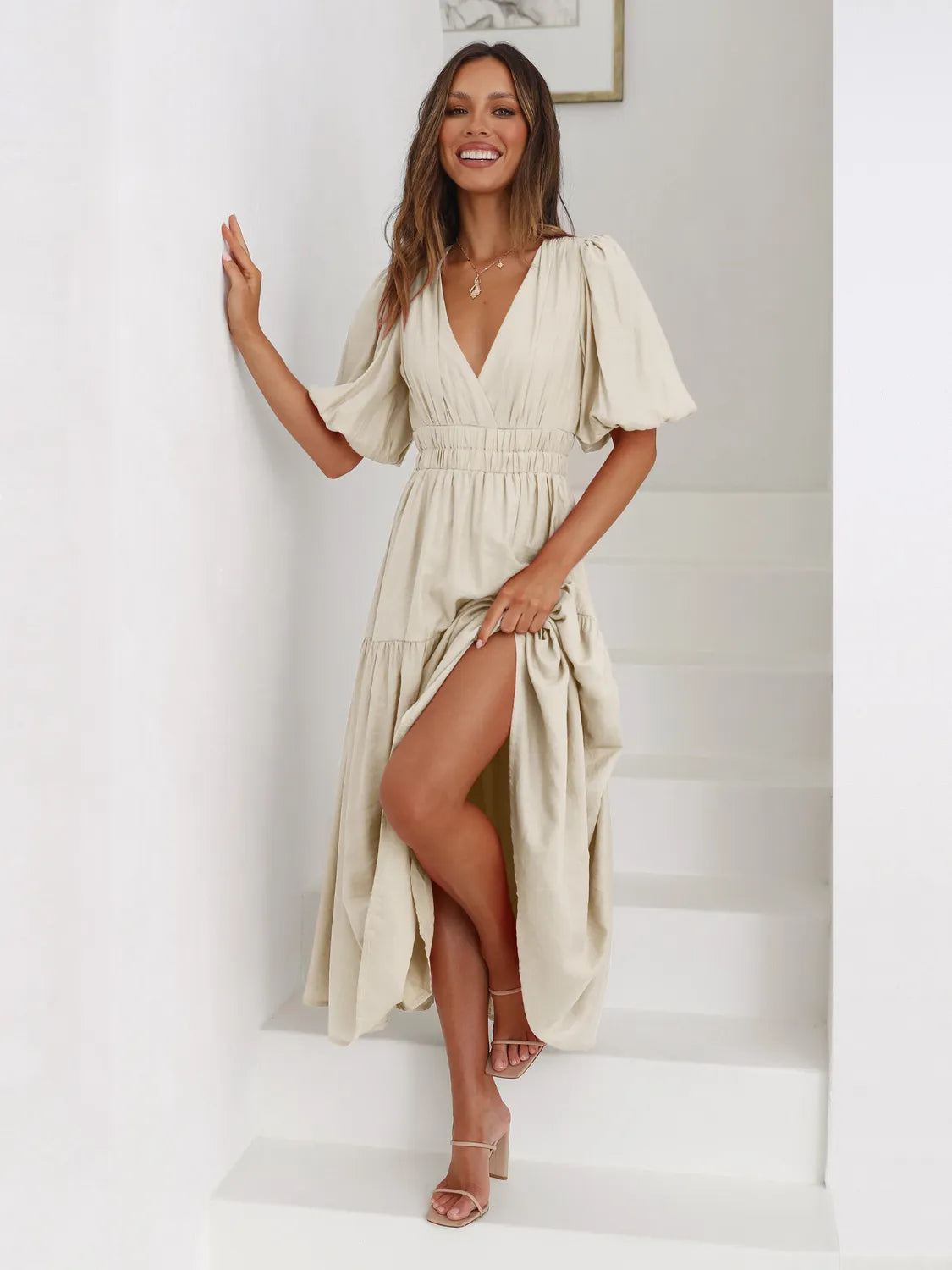 Fashorio Tiered Surplice Half Sleeve Midi Dress
