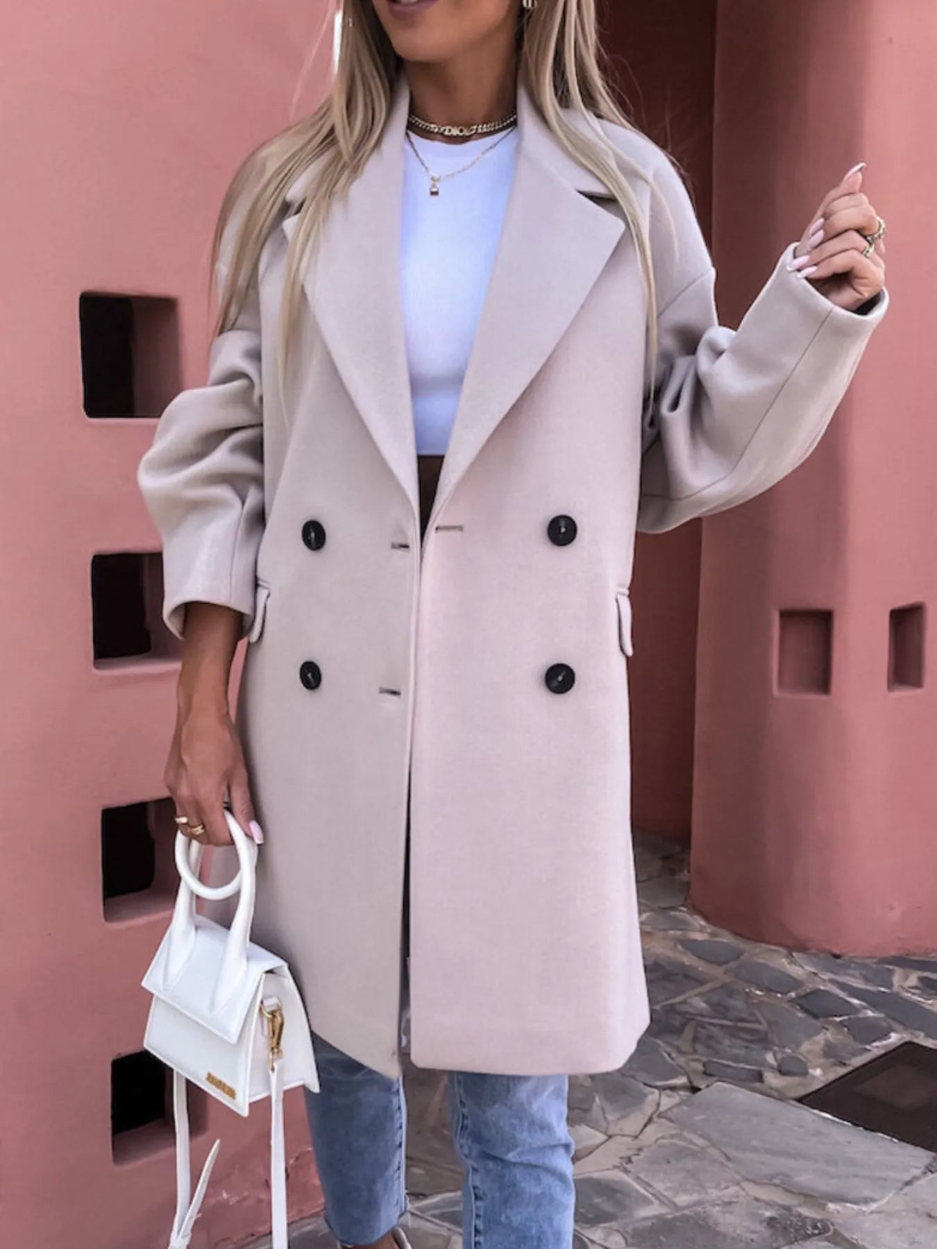 Fashorio Trench Coats Apricot / S Full Size Double-Breasted Wool Coat Plus Size