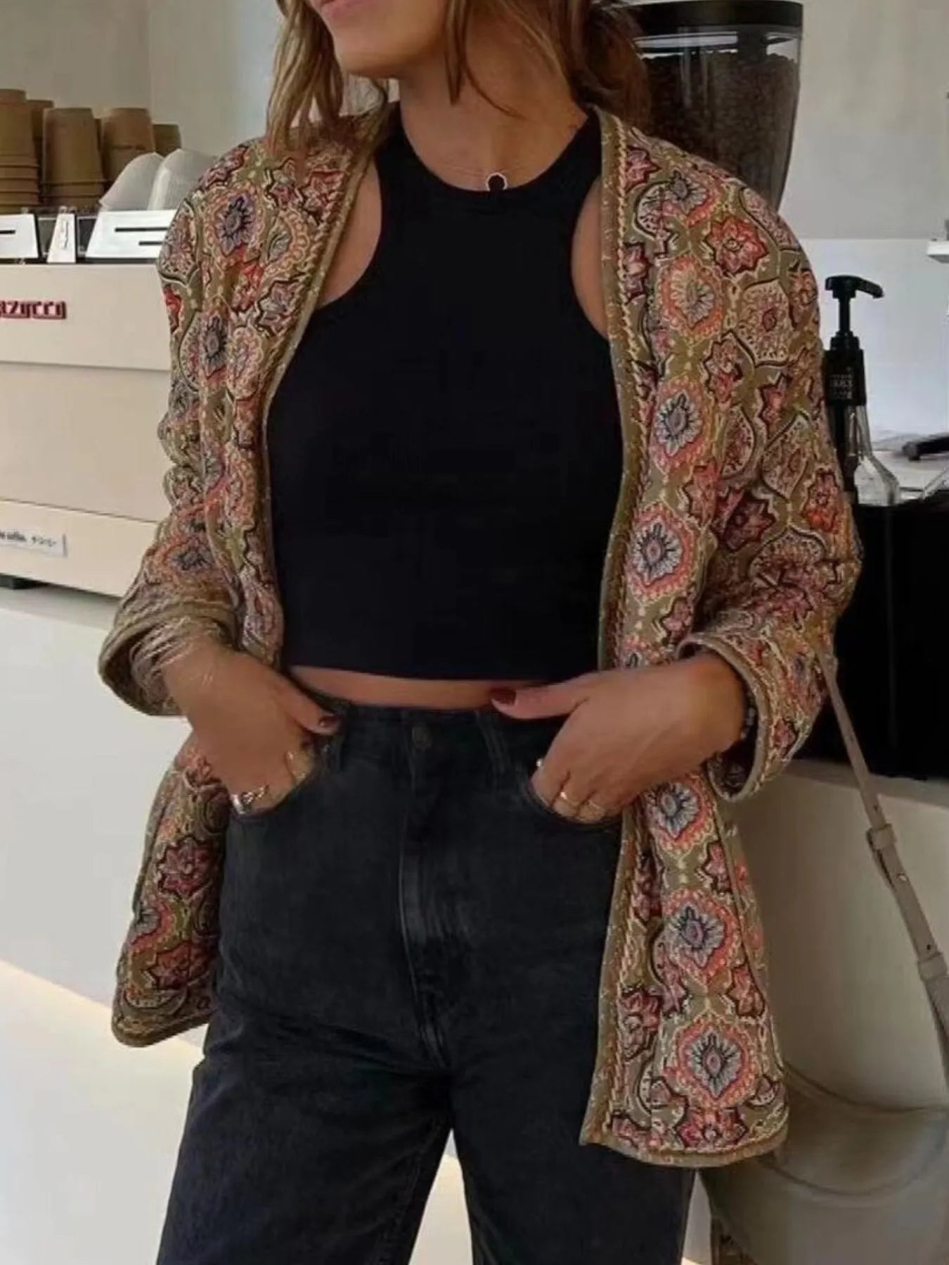 Fashorio Trench Coats Belted Open Front Floral Winter Coat