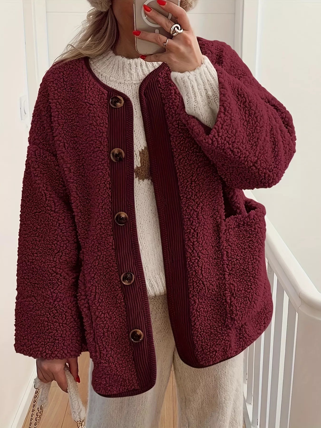 Fashorio Trench Coats Burgundy / S Sherpa Button-Up Outerwear